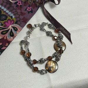 Brighton Utopia Bracelet 8.5" Brown Beaded Double Strand Chain Silver Plated